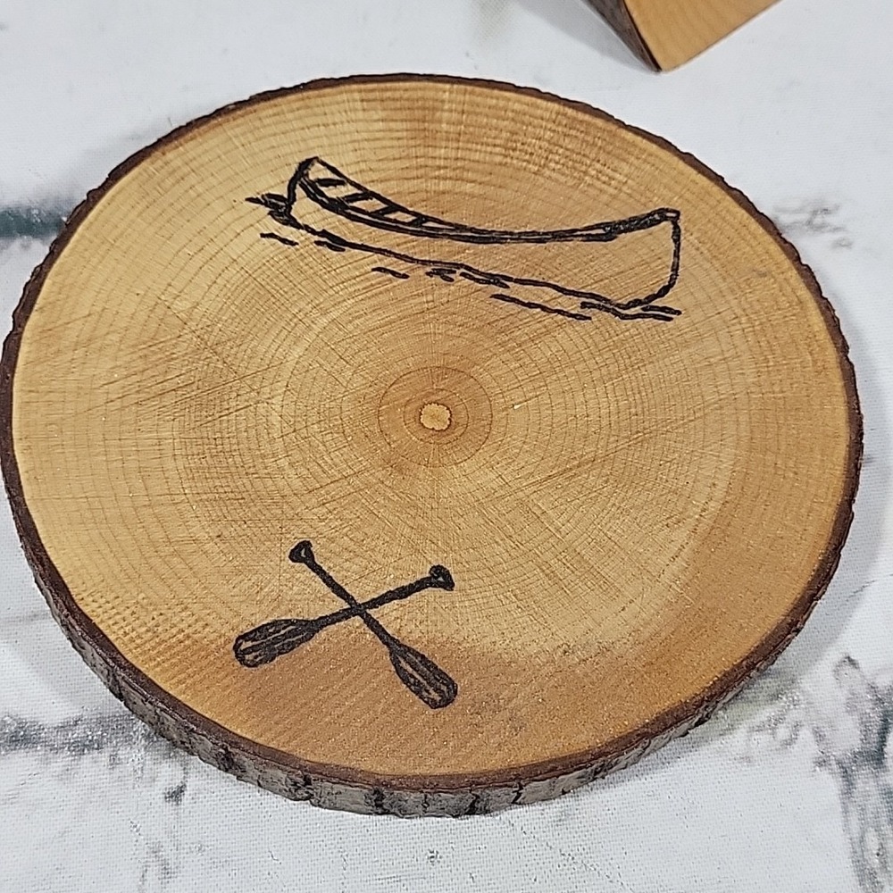 On The Lake Rustic Wooden Coasters Log Slice Burned Etched Images Rustic Set 4 - Picture 5 of 8